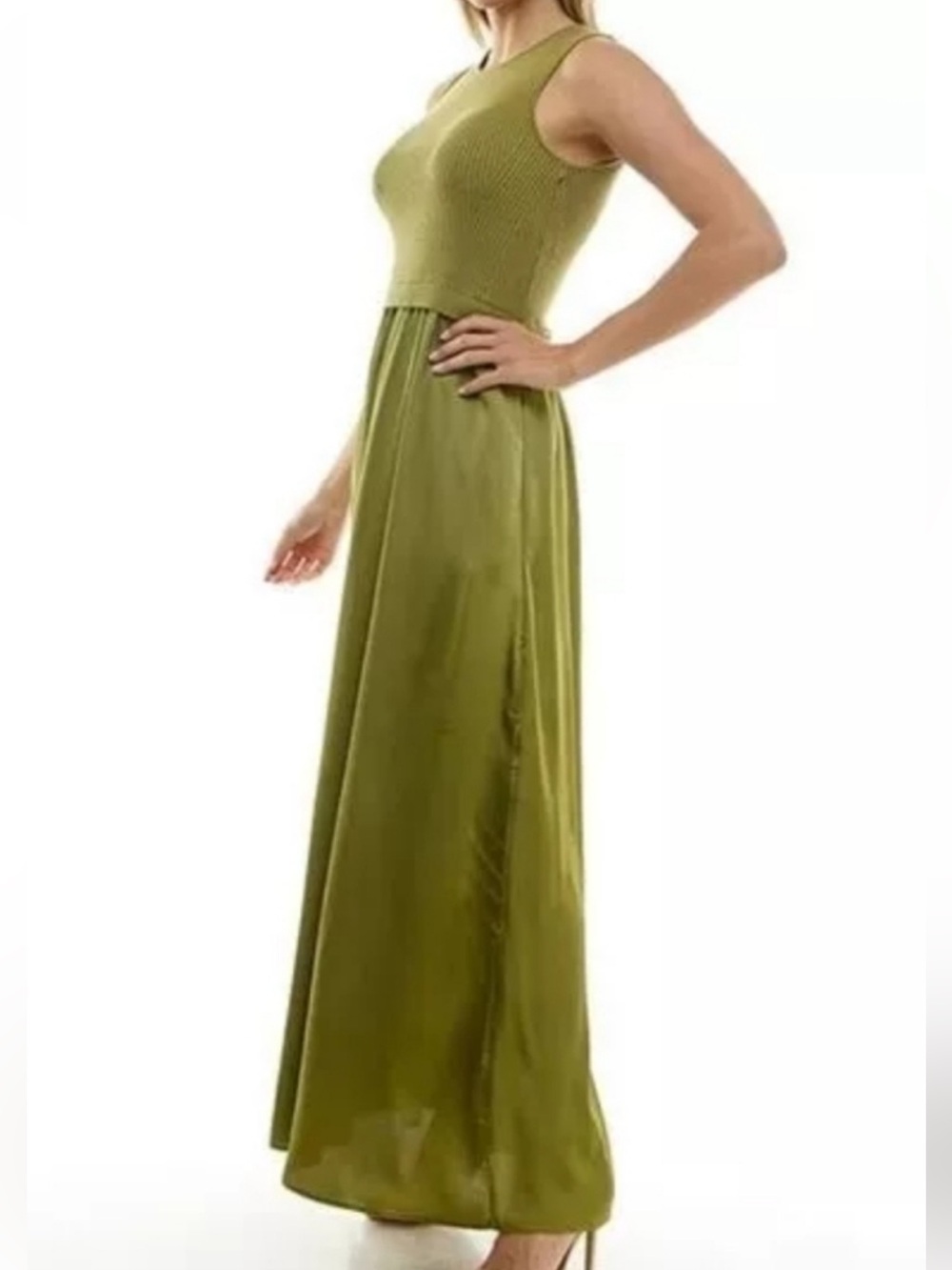 TAYLOR Chartreuse Olive Green Mix Media Knit Bodice & Satin Skirt Dress